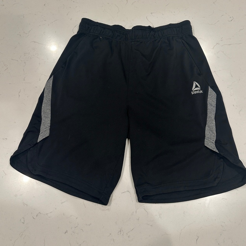 Reebok Mens Athletic Shorts Black Grey Mesh Side Panel Pockets Size M